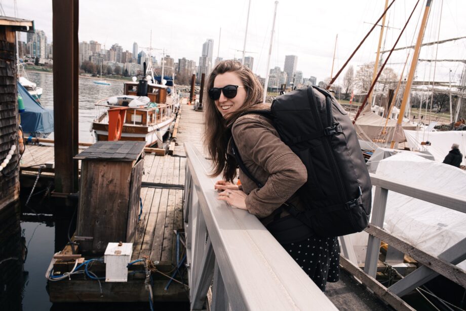 Ariana looking back on a dock